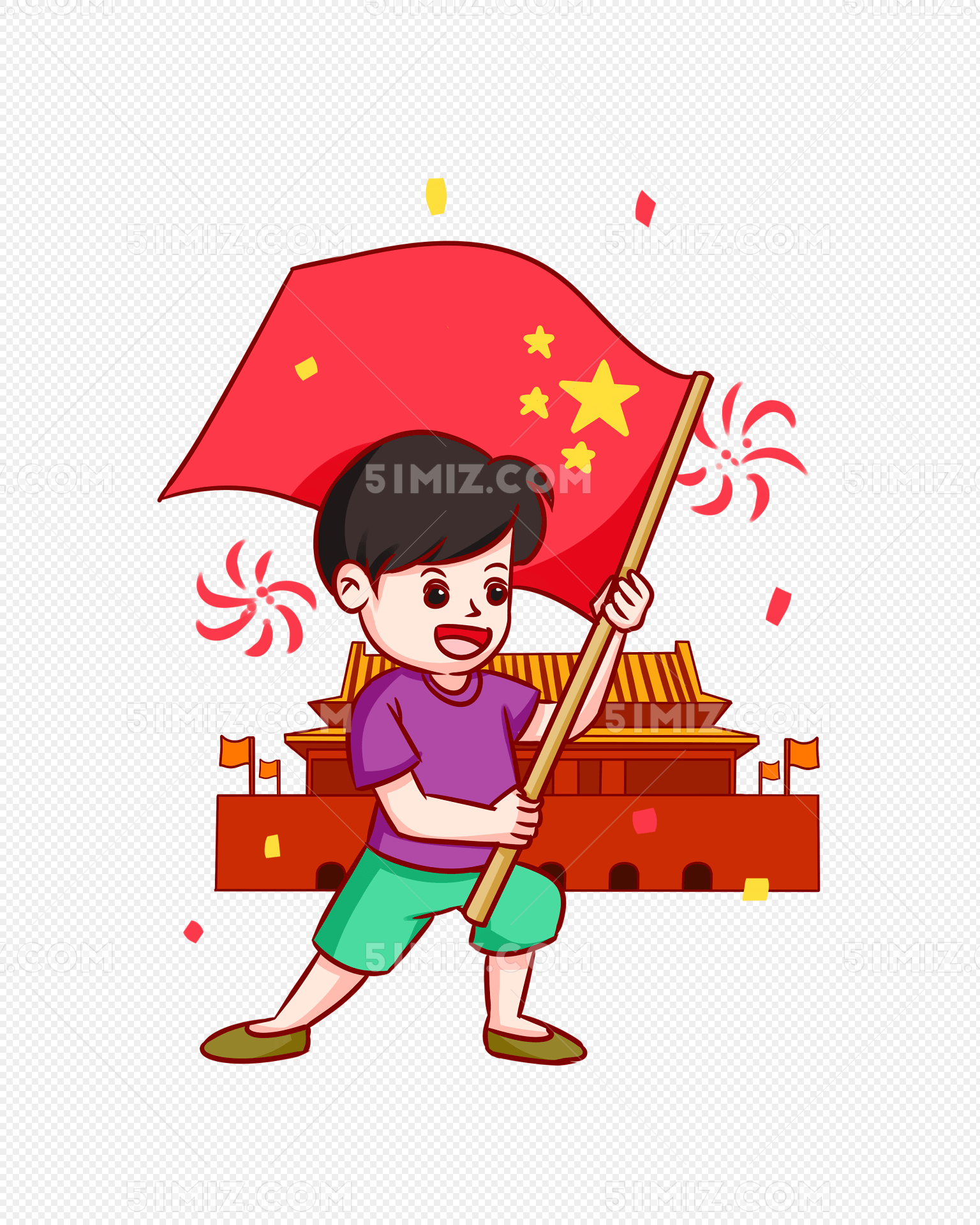 男孩手举国旗插画