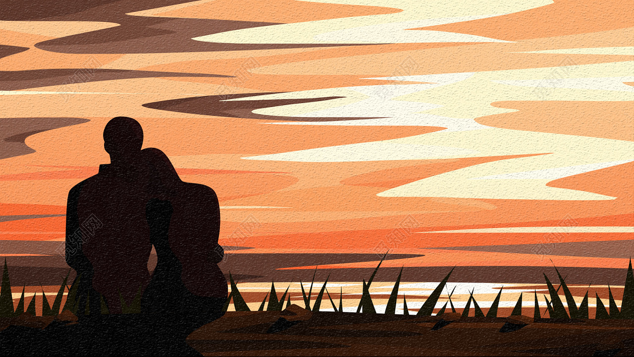 情侣依靠着坐在河边看日落