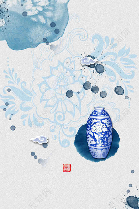 蓝色淡雅中国风青花瓷海报背景