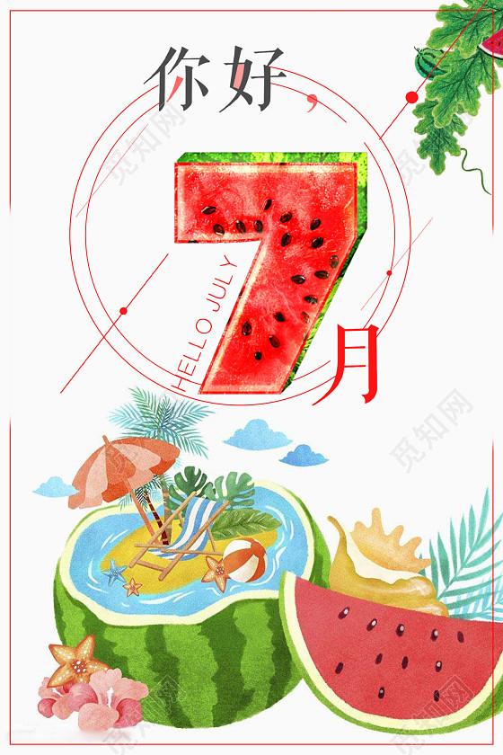 手绘西瓜创意7月你好海报