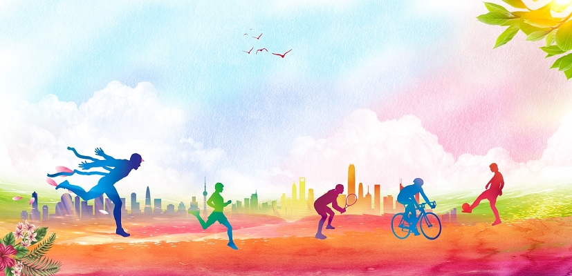 水彩风格跑步骑车踢球运动员城市剪影运动会背景素材