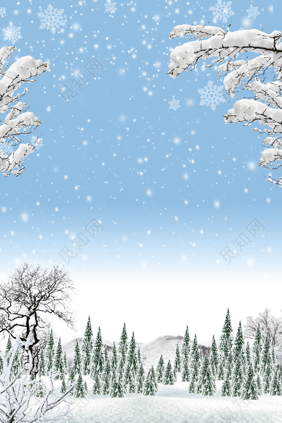 简约清新蓝天雪松下雪冬天大雪小雪海报背景素材