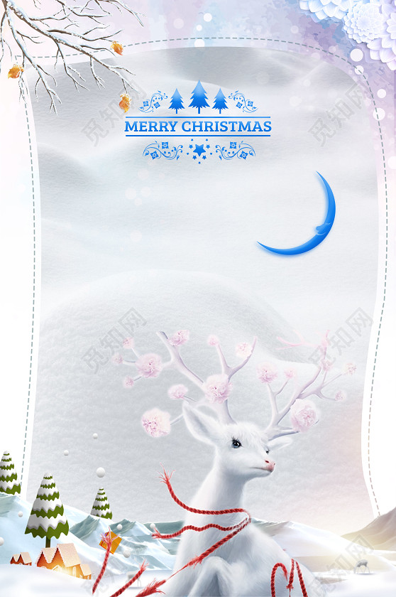 白色清新梦幻小鹿雪地插画圣诞节平安夜背景素材