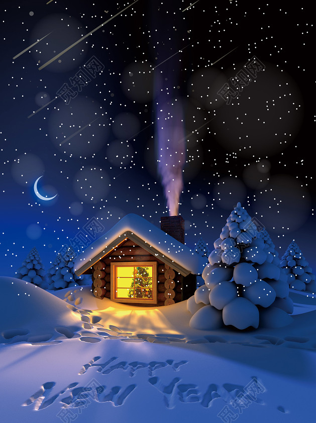 星空梦幻雪地房屋圣诞节平安夜背景素材