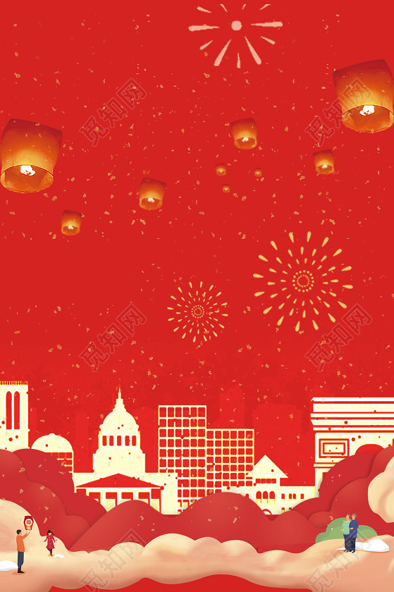 簡約手繪城市煙花紅色背景2019豬年新年小年海報背景素材