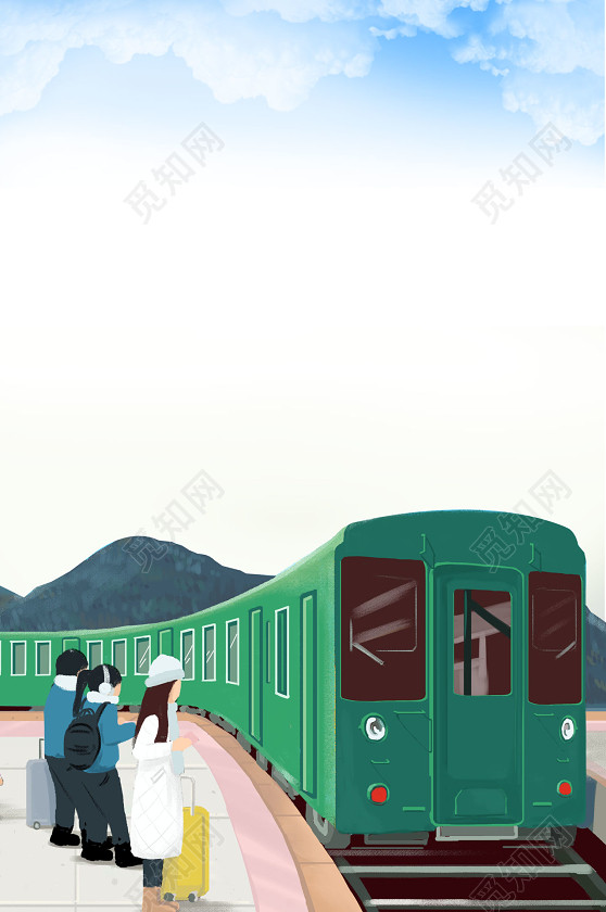 手绘插画人物火车2019新年猪年春运海报背景