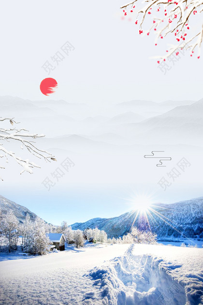 红日雪梅大寒冬天冬季大雪小雪下雪小寒白色背景海报