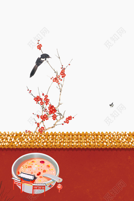 红围墙枝头喜鹊腊八节春节传统节日俗水白色海报