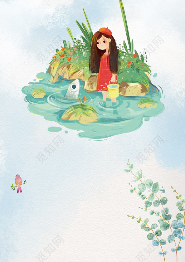 手绘插画女孩暖春海报春天旅游踏青春游促销海报