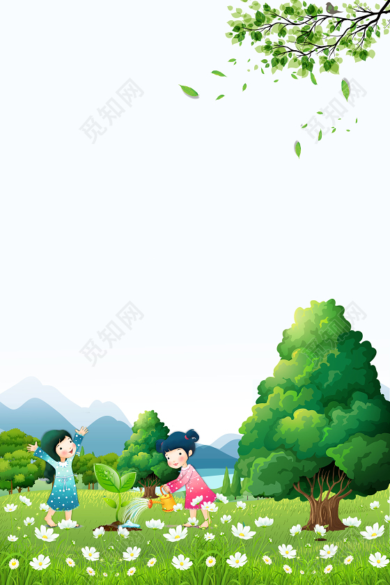 手绘卡通小孩种树插画312植树节环保公益海报背景素材