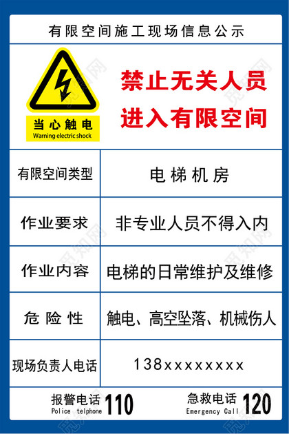 有限空间安全警示标志信息公示当心触电指示牌