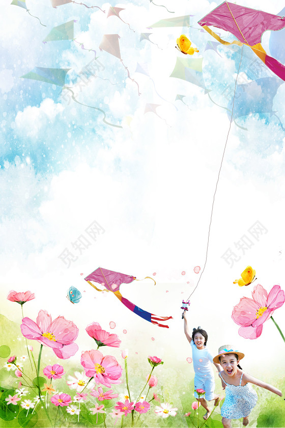 放风筝的男孩女孩实拍风筝节文化蓝色海报背景