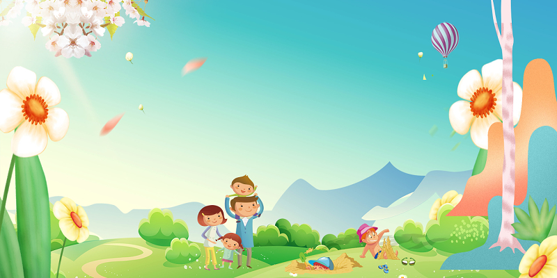 阳光下的全家人卡通亲子游旅游春天绿色背景海报