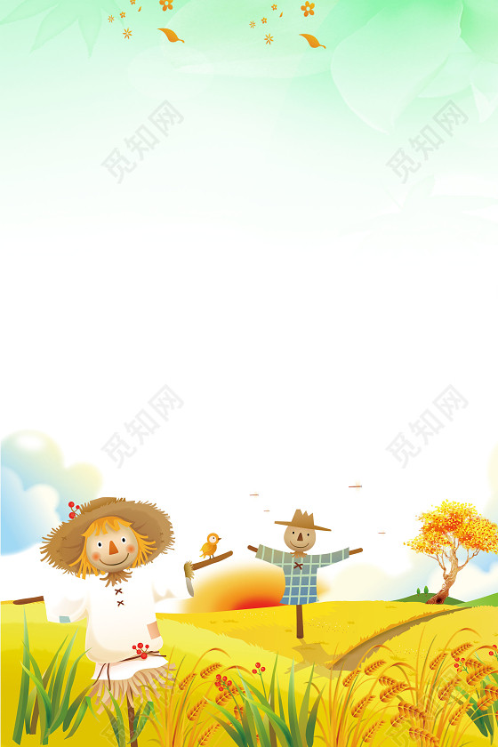 稻田稻草人插画二十四节气传统节日小满海报背景素材
