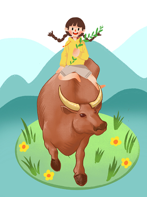 卡通清明节牧童原创插画素材清明节古风可爱男孩骑牛矢量素材手绘中国