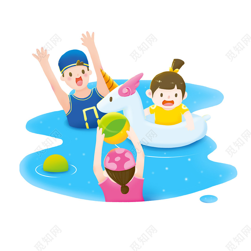 防溺水亲子游戏一家人游泳玩水嬉戏手绘插画素材