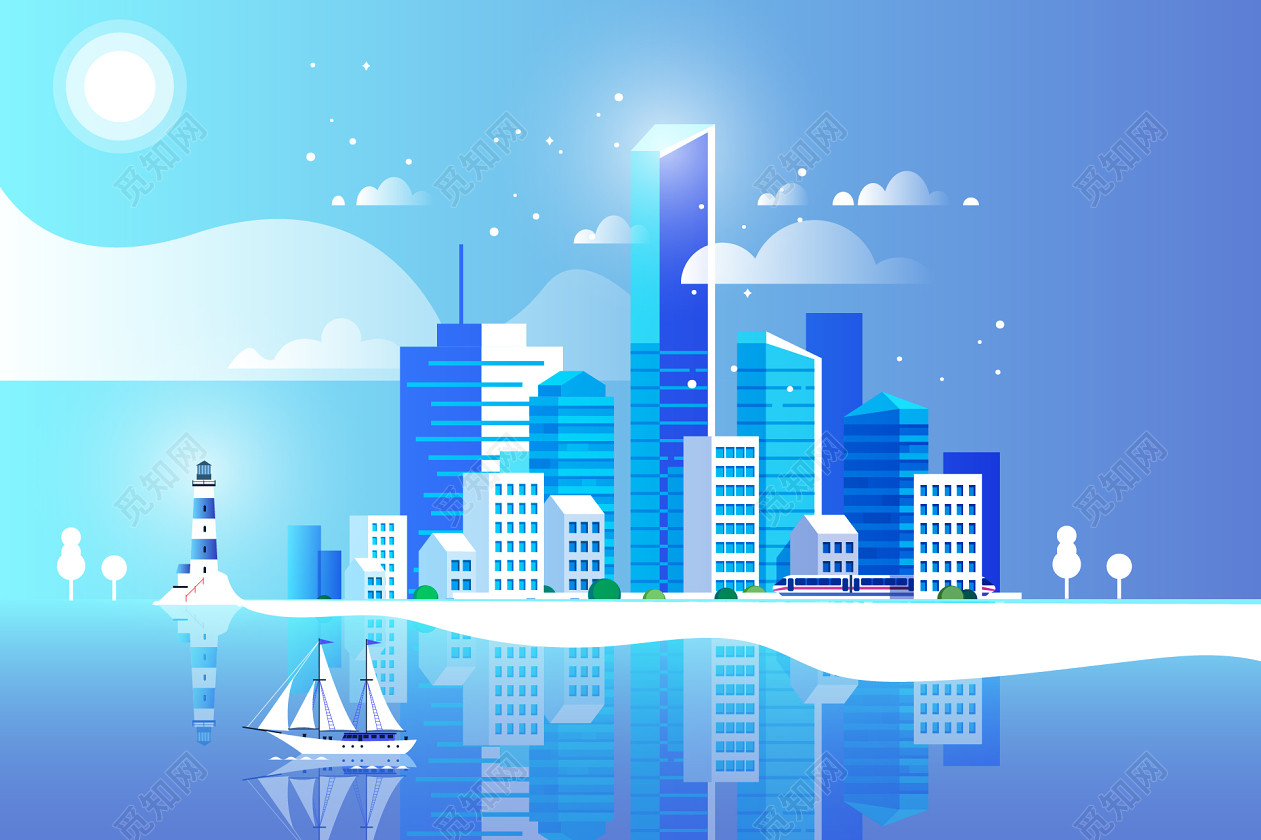 蓝色海岸建筑城市生活大厦都市高层公寓矢量图