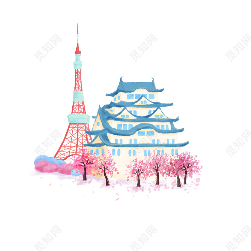 日本东京塔建筑群卡通png素材