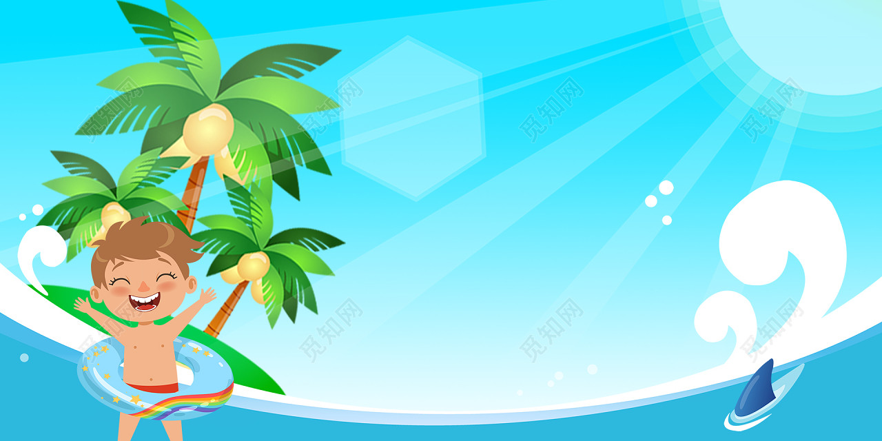 蓝色卡通风夏日沙滩海洋海浪清凉椰子树阳光背景素材