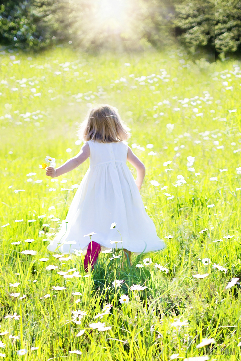 黄白人物可爱清新造草地上奔跑的小女孩儿童户外自然摄影背景图片
