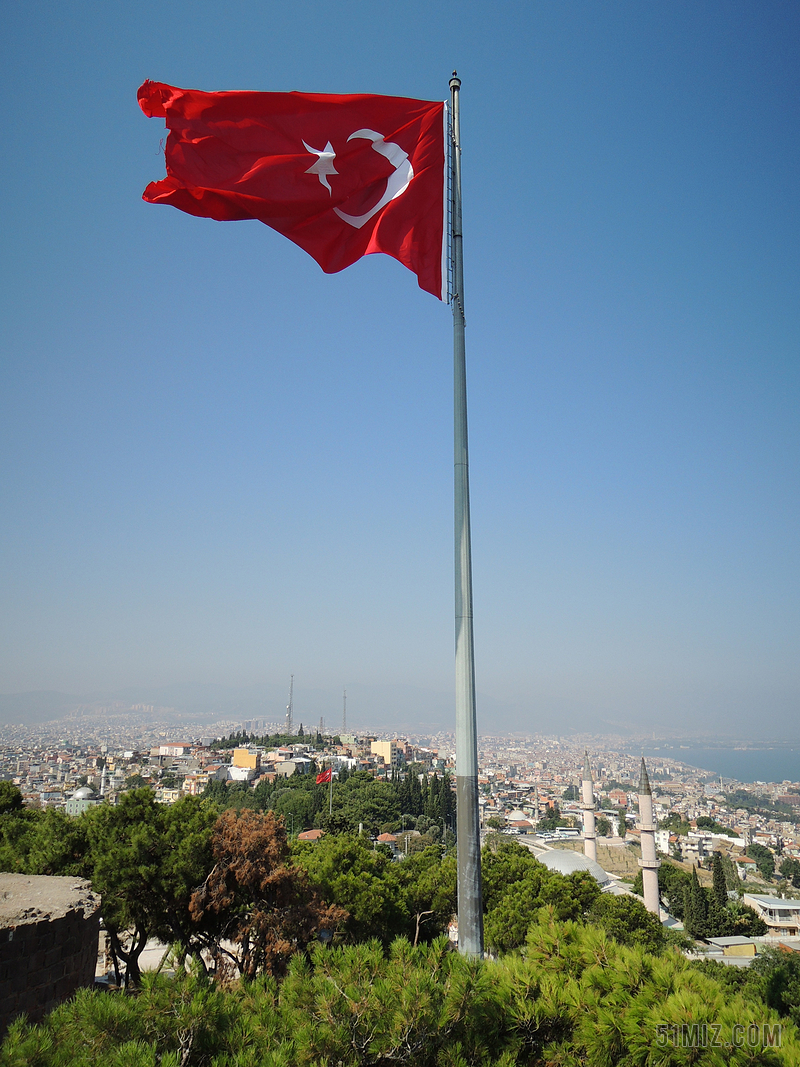 土耳其 伊兹密尔 看 城市 国旗 红色 土耳其国旗 月亮