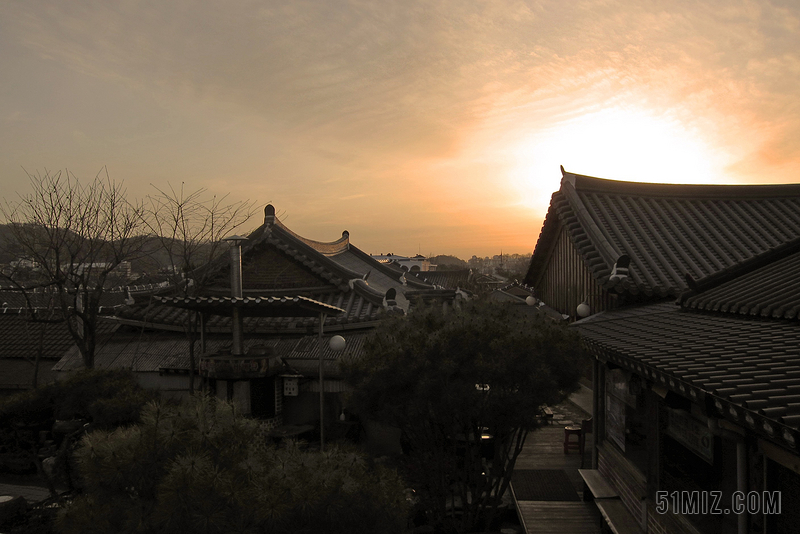 韩国 房子 日落 剪影 结构 古代 秋 历史 里程碑 天空