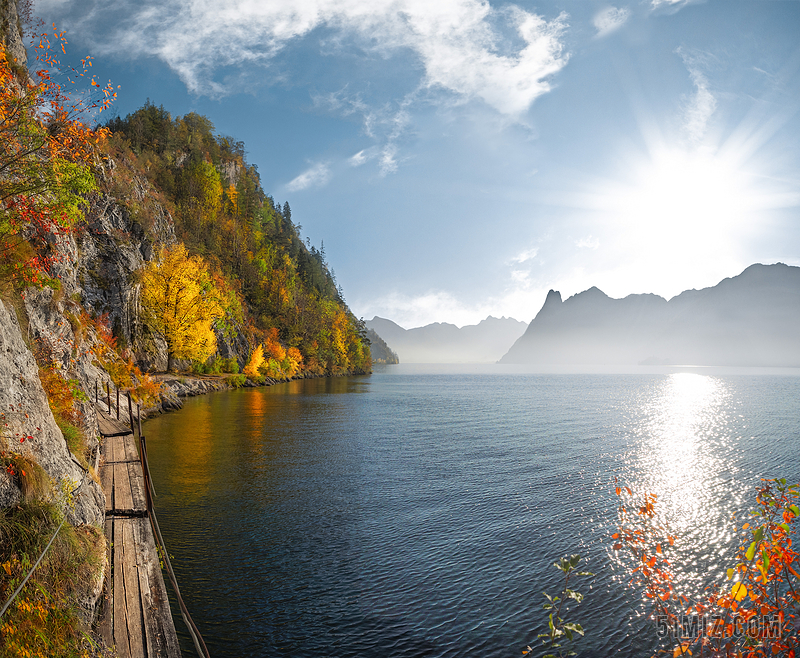 岛湖 景观 山 自然 在户外 反射 风景 风景 天空 太阳 怒目而视 阳光