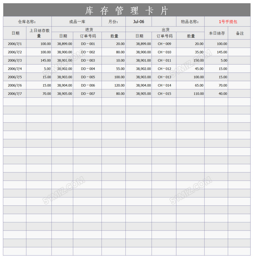 库存管理卡片excel表格模板