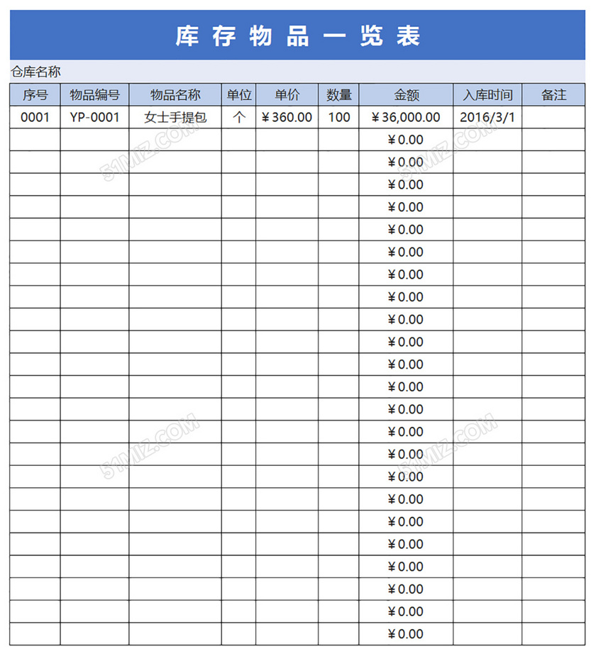 库存物品管理台账清单ecel表格模板