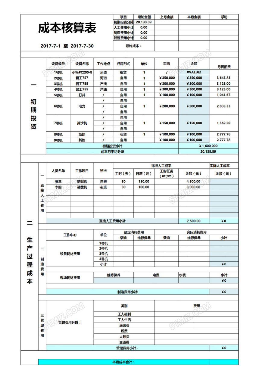 成本核算excel表格