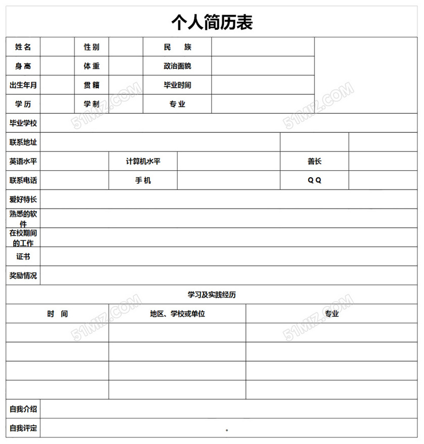 空白简洁个人简历表excel模板
