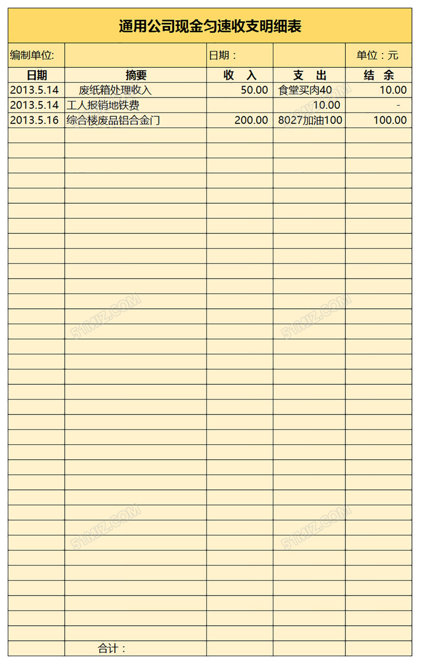 通用公司现金匀速收支明细表