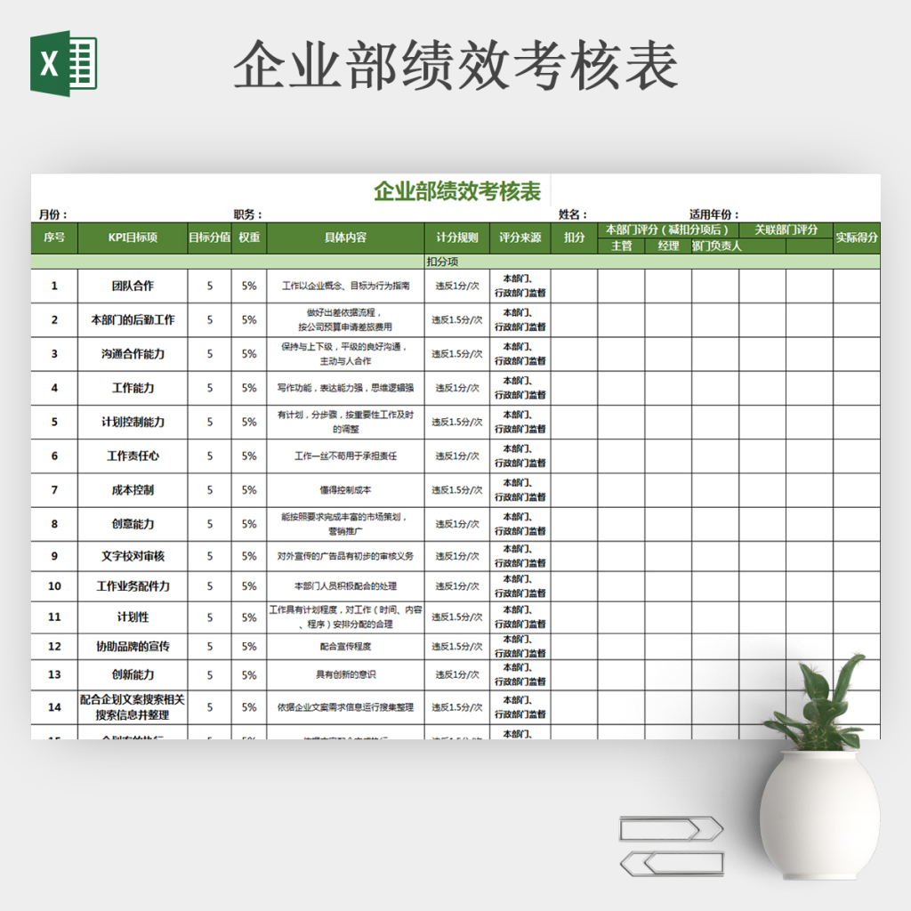 公司绩效考核表 考核表格 excel表格