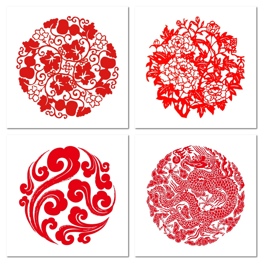 中式红色剪纸花纹png素材