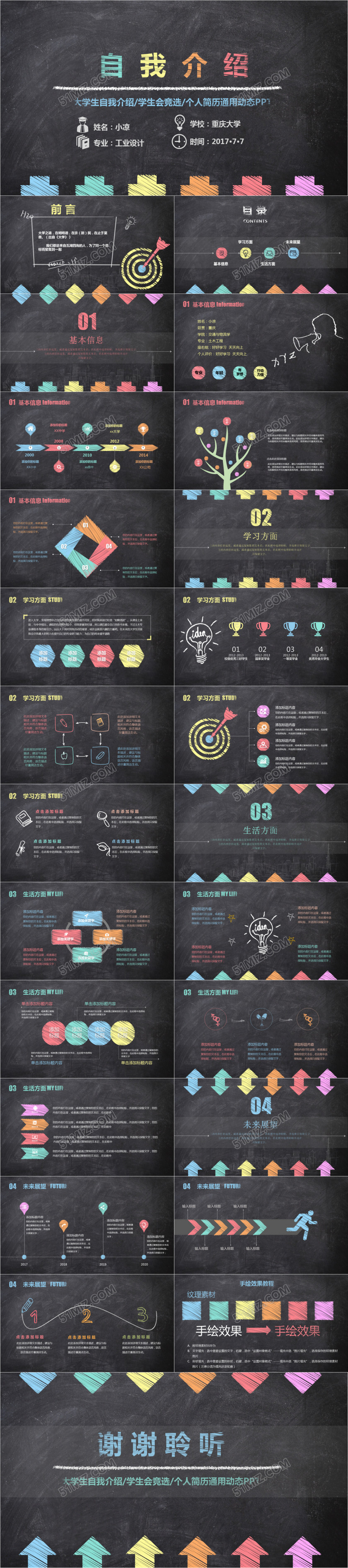 创意手绘黑板粉笔风大学生自我介绍个人简历ppt模板