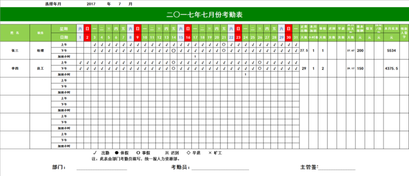 自动统计公司员工考勤表人事报表excel