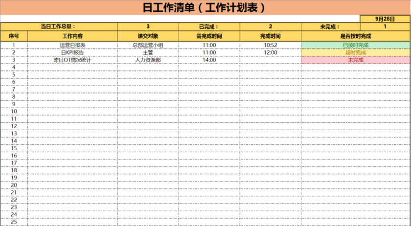 每日工作清单excel表格模板