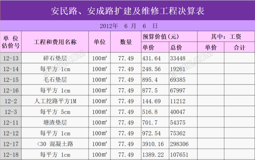 道路建筑工程预算表excel模板