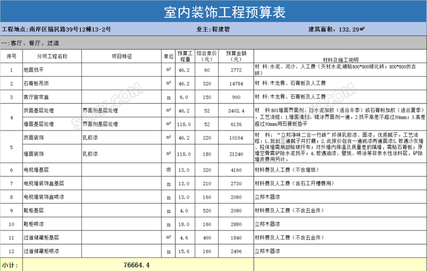 excel模板房屋装修预算表