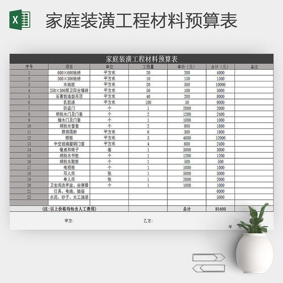 家庭装潢工程材料预算表excel表