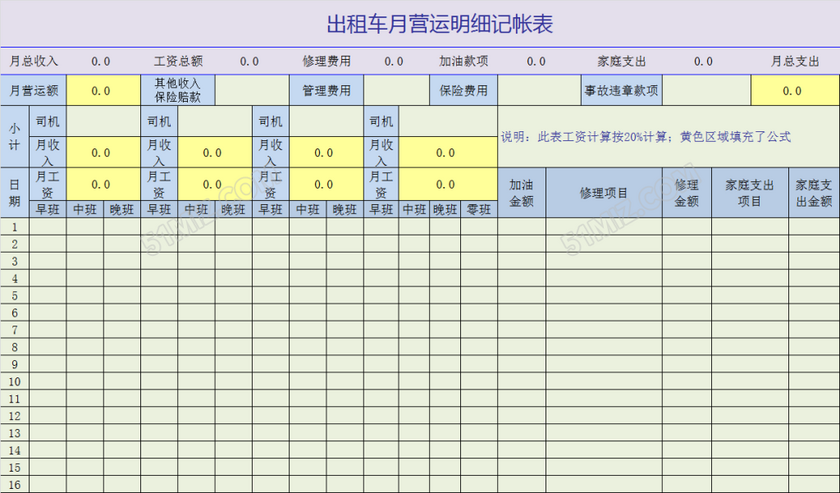 出租车营运明细记账表模板