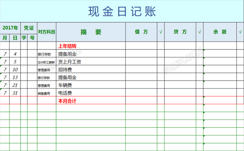 日记账excel模版 excel表格 收支表格模板 银行现金日记账模板下载