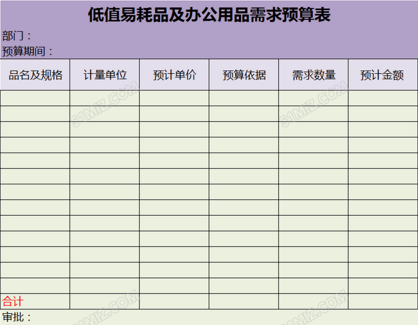 低值易耗品及办公用品需求预算表-预算表格模板-觅知网