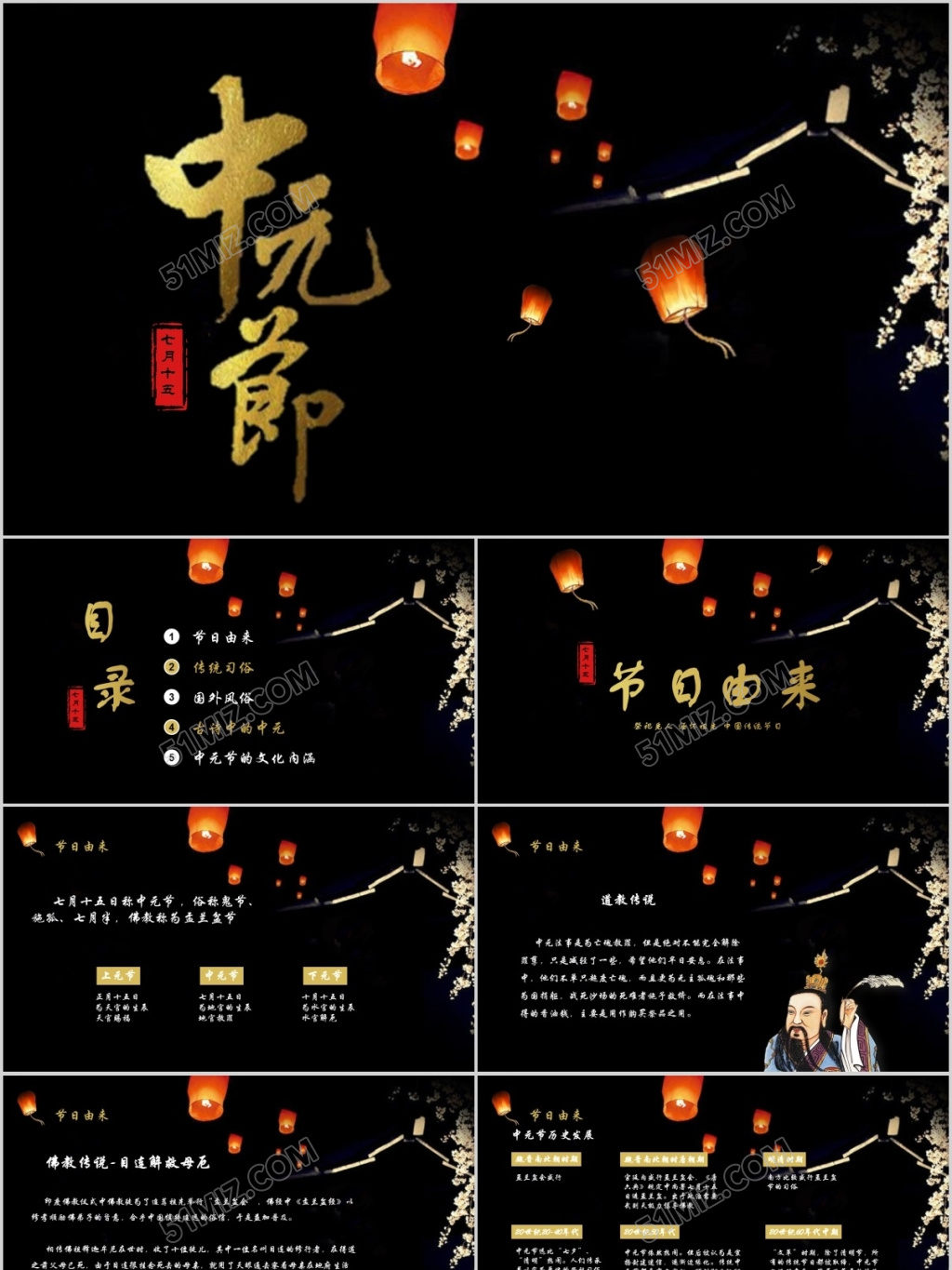中国文化传统风俗节日简约大气中元节ppt模板