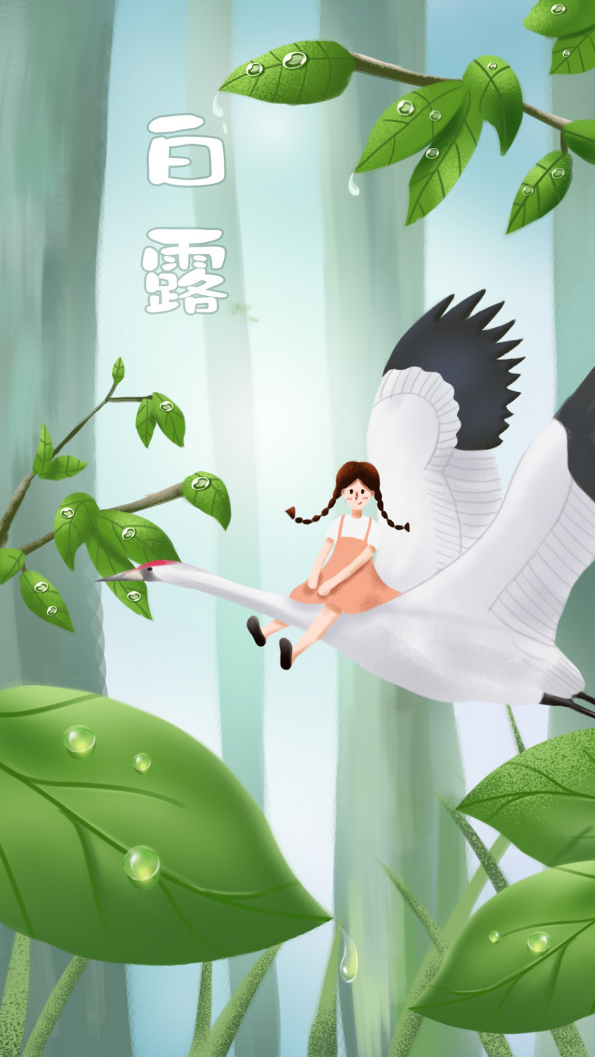 简约唯美清新白露节气手绘插画手机海报