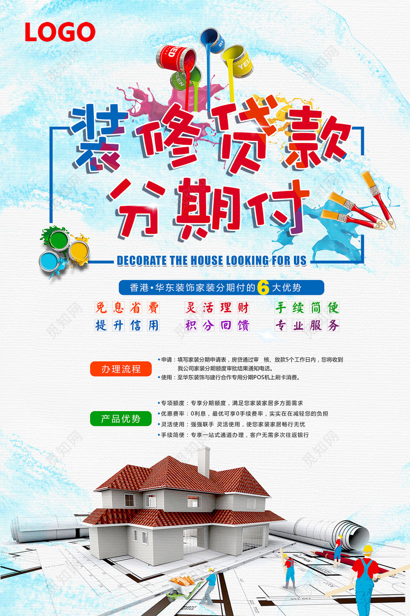 水彩简约装修分期付宣传海报