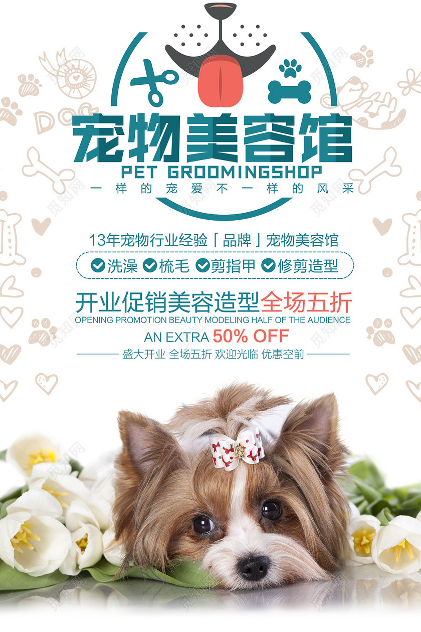 可爱风格插画手绘宠物美容开业促销海报