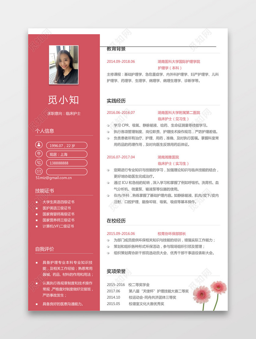 觅知网 文档 简历 求职简历 彩色护士个人模板简历.docx