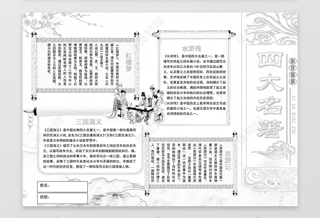 中国风古代人物古典四大名著读书手抄报含有ps源文件