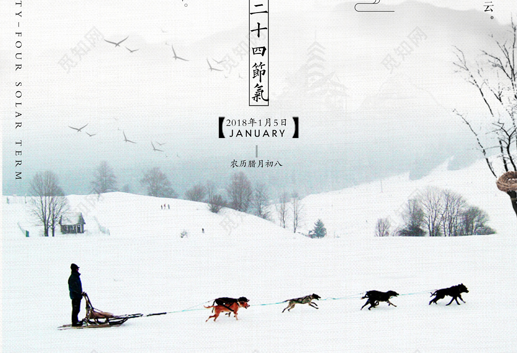 小寒二十四节气简约白色古风风雪雪橇狼